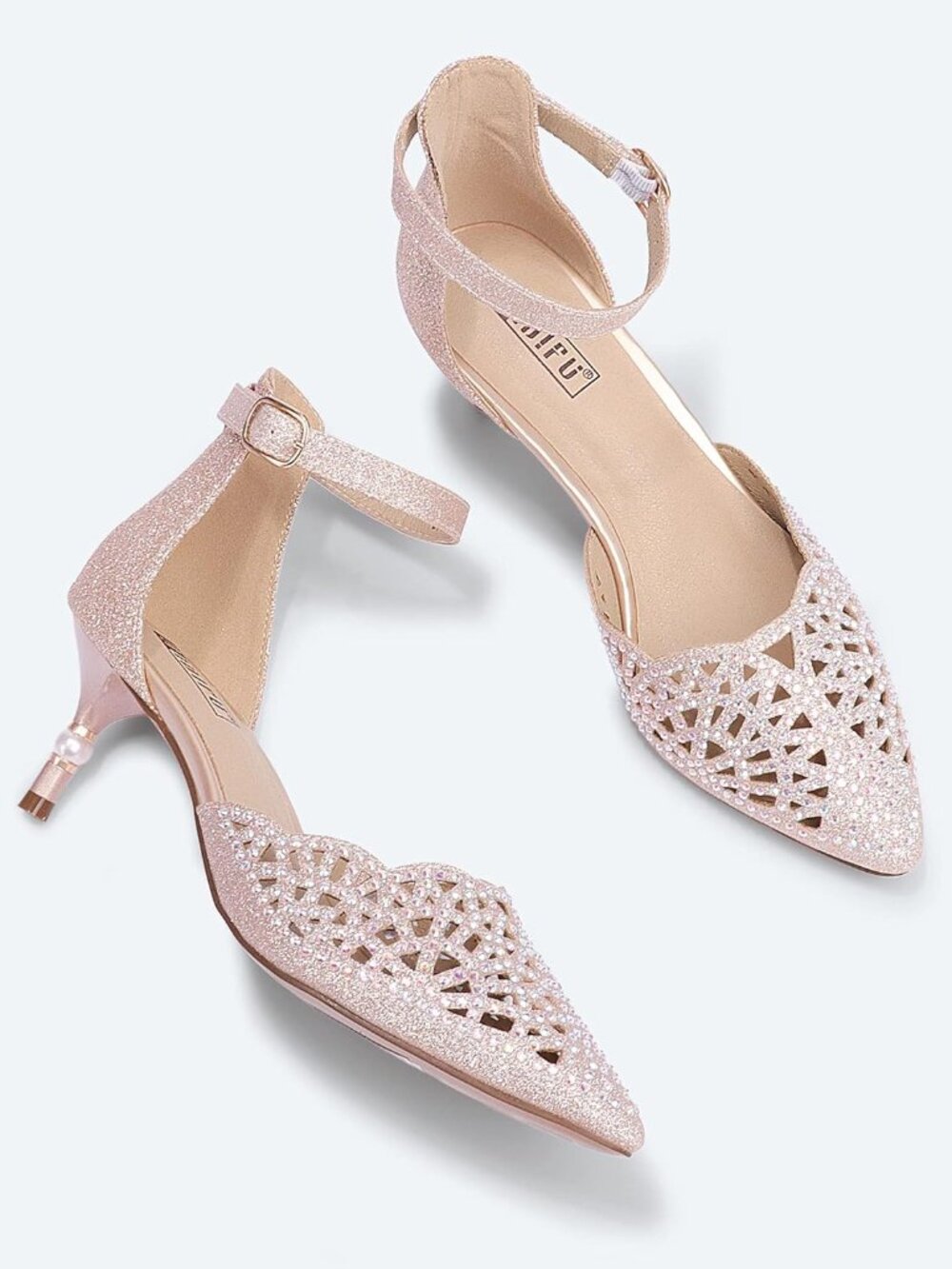 Women's Rose Gold Glitter Rhinestones Low Kitten Heels Pumps Evening Dress Shoes
